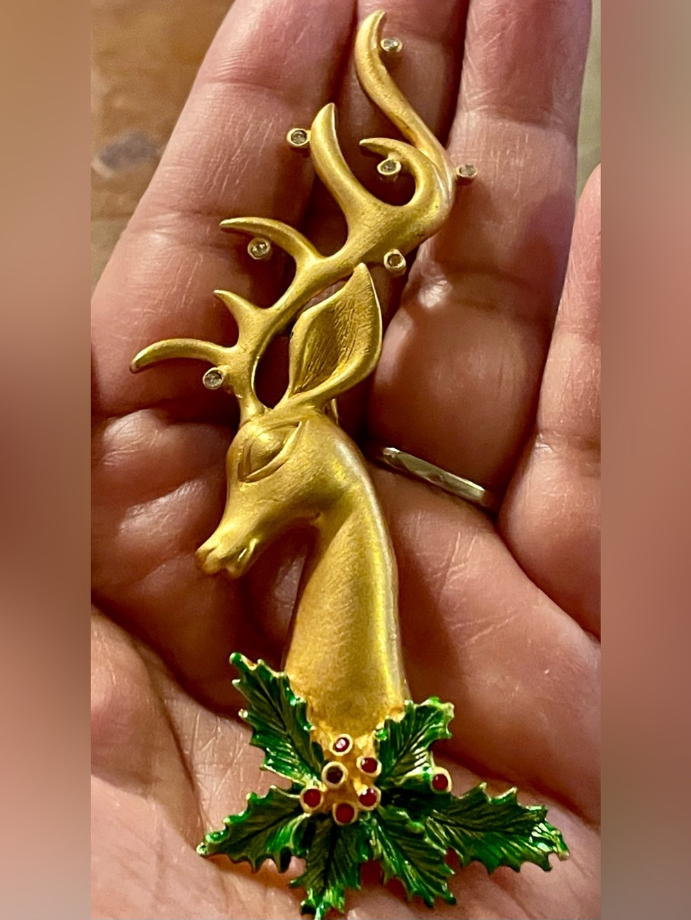 Gold-Tone Reindeer Brooch with Green Holly Accent - Women Jewelry
